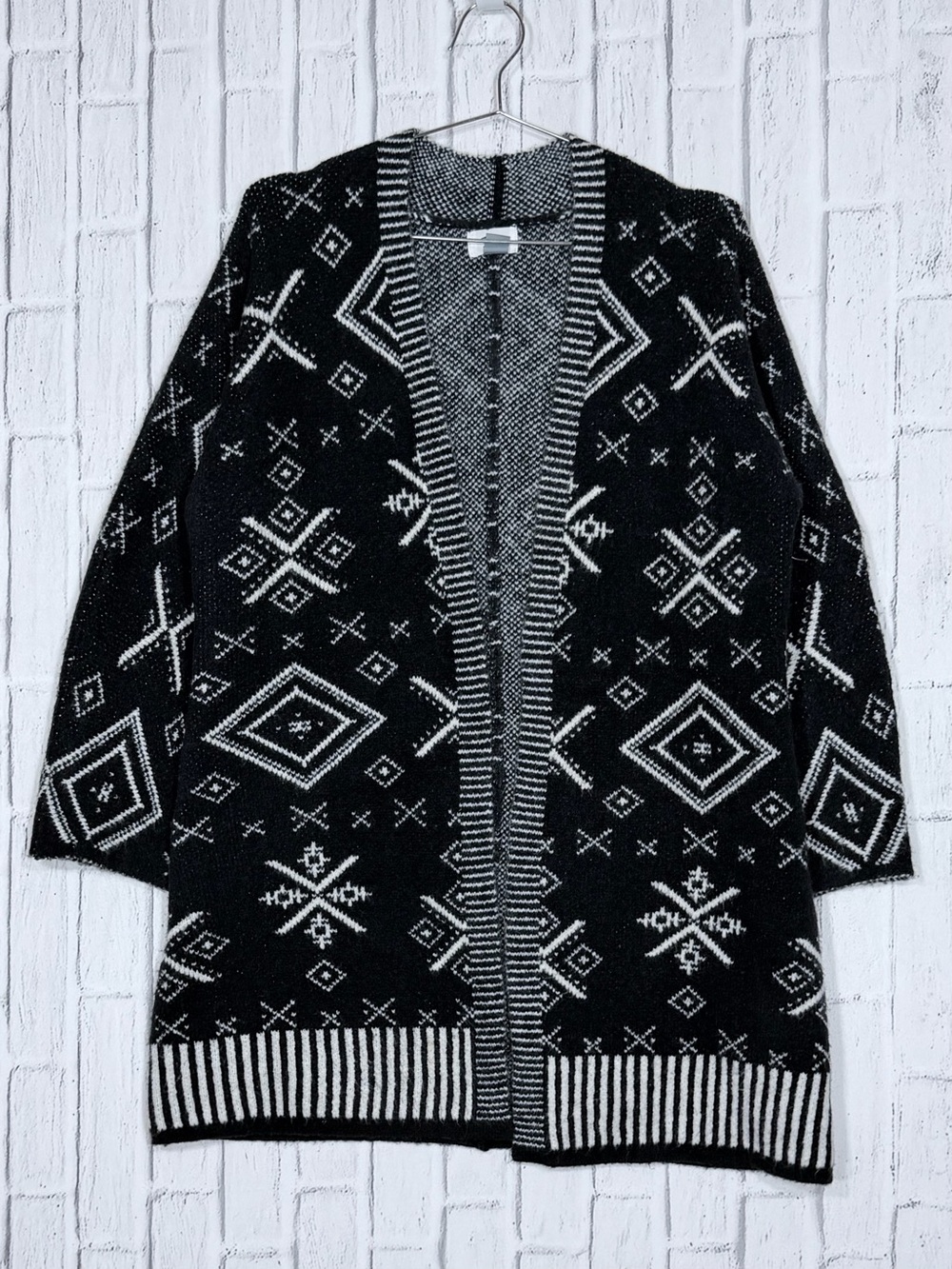 🖤 Old Navy Black White Fair Isle Geometric Open Front Cardigan Sweater S